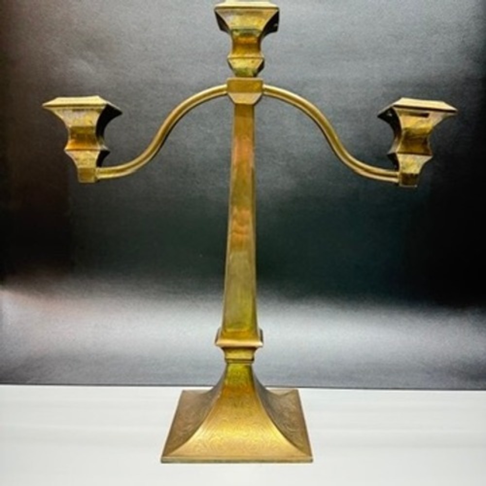 Vintage Brass 3 Light Candelabra Arts and Crafts Antique 1910s Etched READ